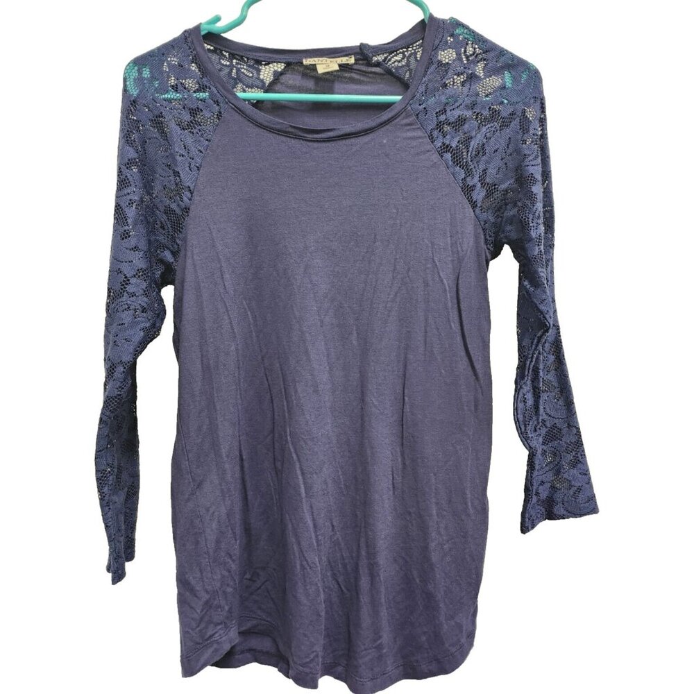 Dantelle Womens BOHO Top Medium Navy Raglan 3/4 Lace Sleeve Crew Neck Casual